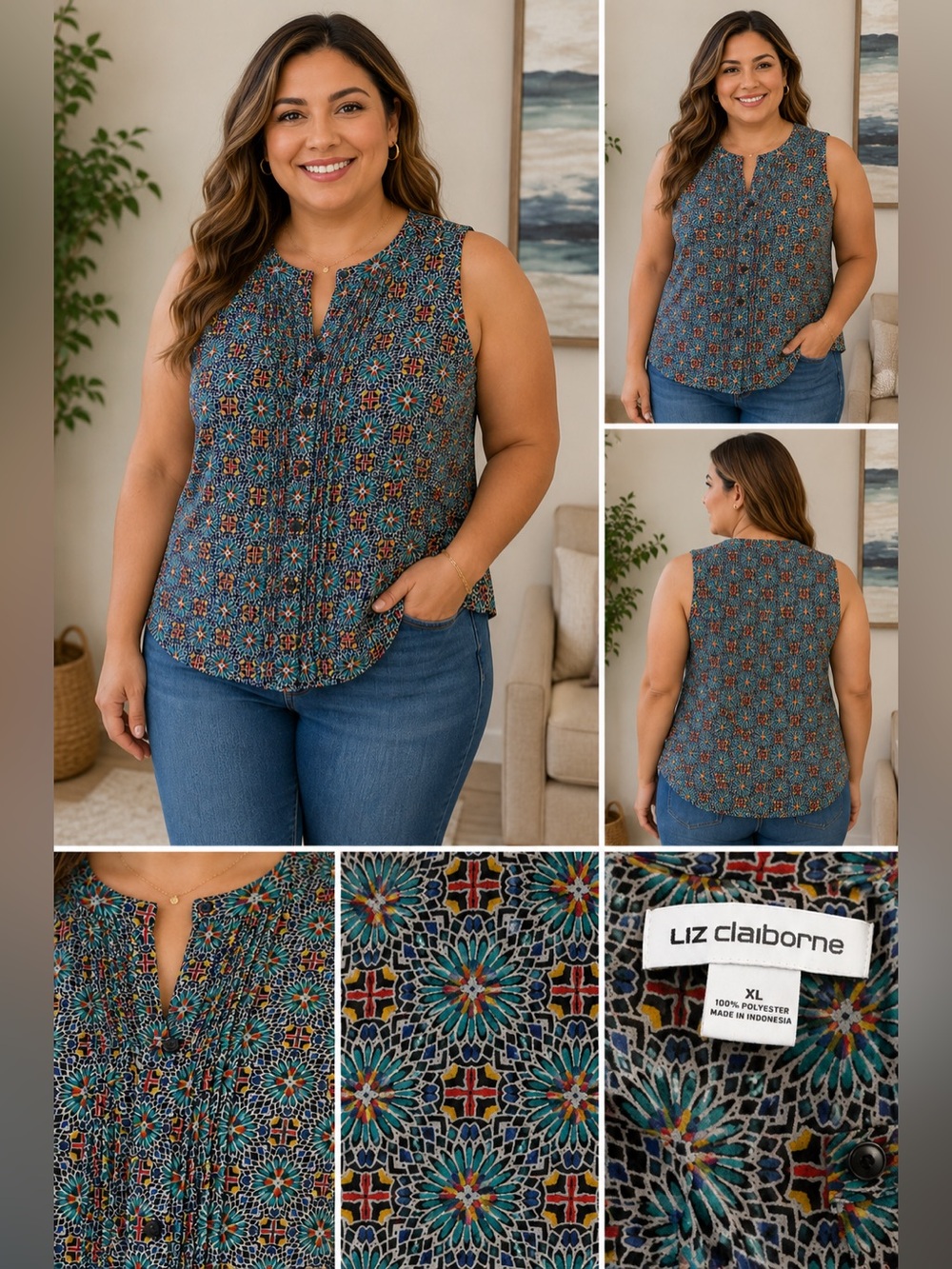 Liz Claiborne Women’s XL Sleeveless Blouse Multicolor Geometric Print Pintuck To